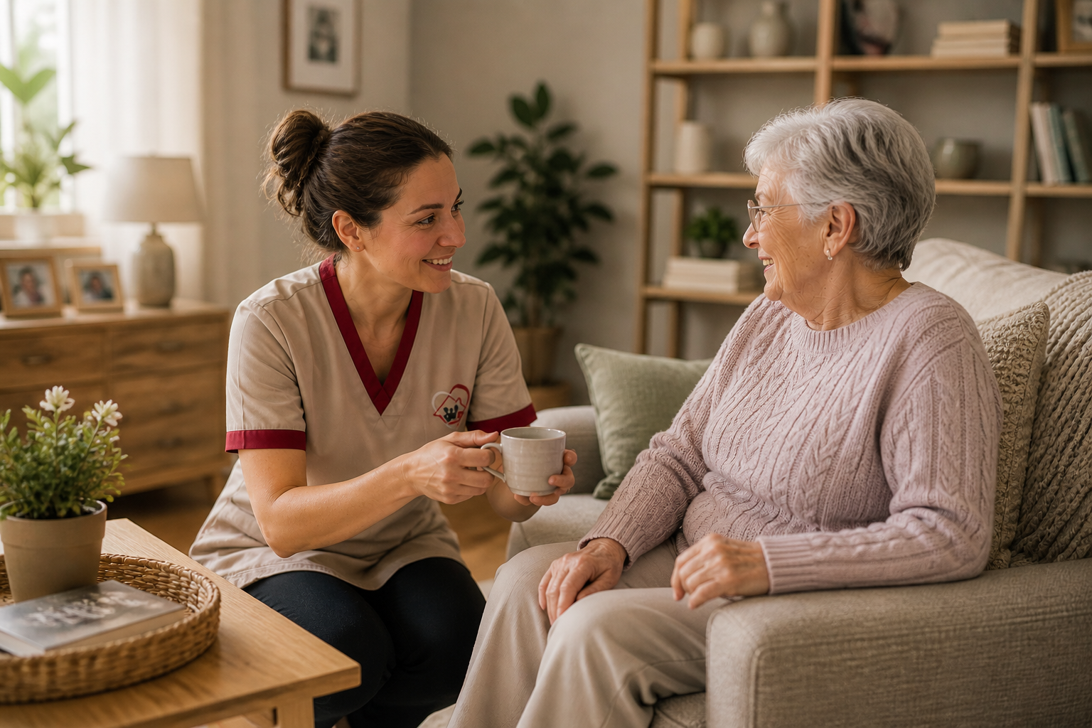 Auxiliaire de vie échangeant avec une personne âgée à son domicile lors d'un accompagnement personnalisé.